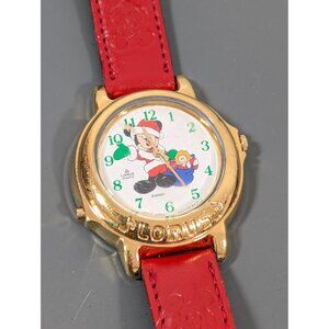 VTG Lorus Mickey Mouse Gold-Tone Watch Red Leather Band Plays Song Jingle‎ Bells